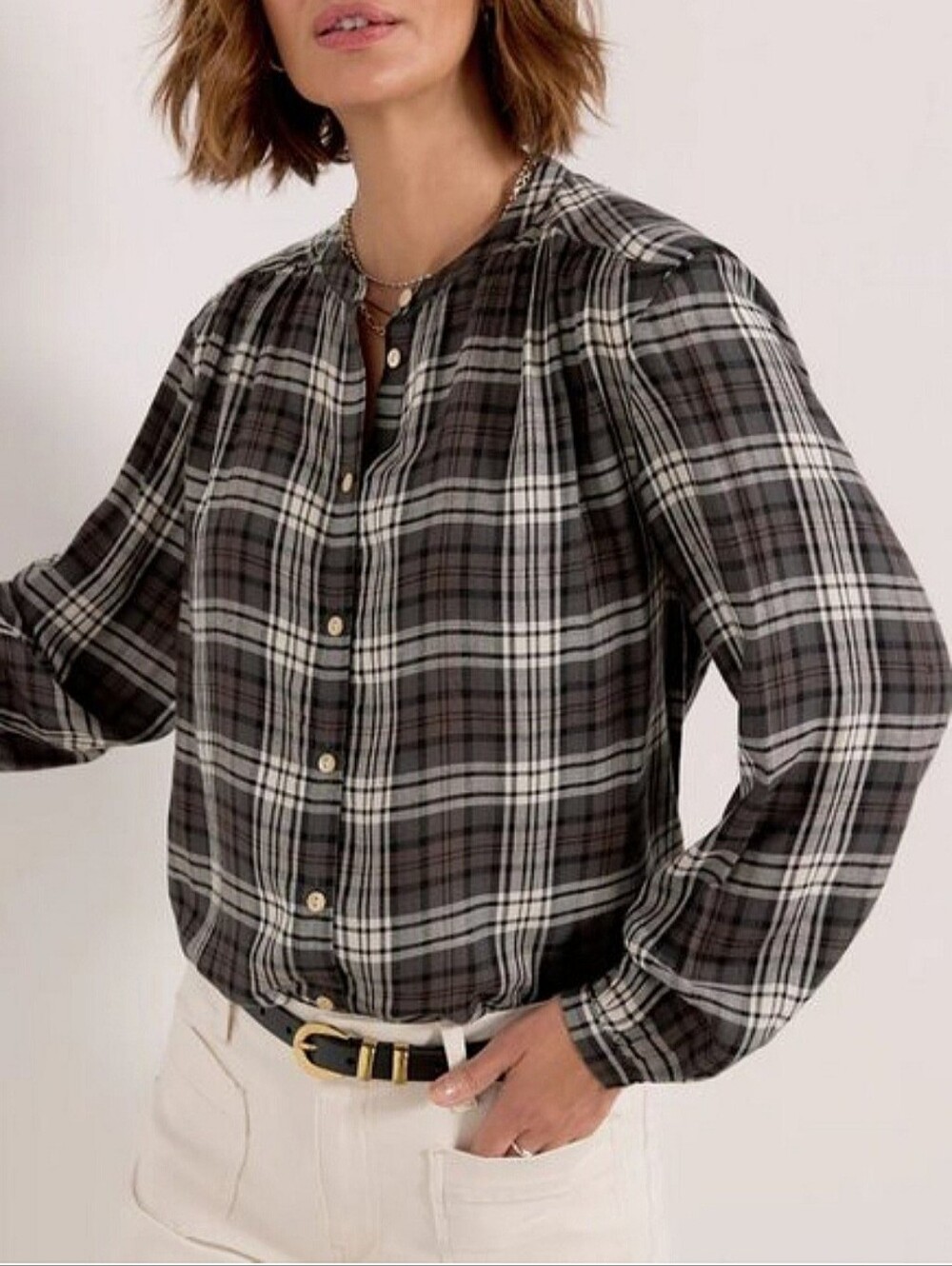 NEW w/out Tag Faherty Drift Timberwood Plaid Blouse Top Sz XS Black Brown NWOT